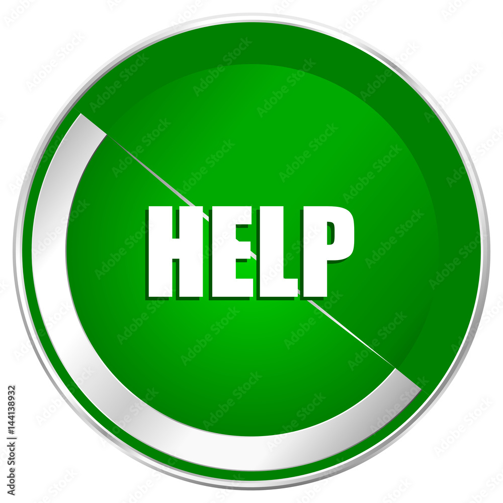 Poster help silver metallic border green web icon for mobile apps and internet.