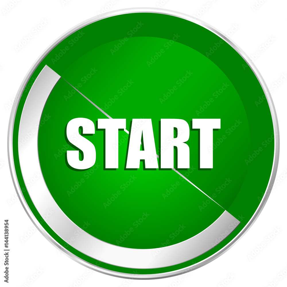 Poster start silver metallic border green web icon for mobile apps and internet.