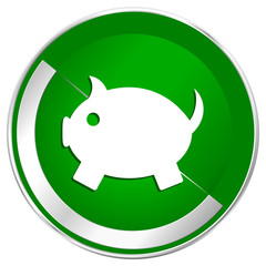 Piggy bank silver metallic border green web icon for mobile apps and internet.