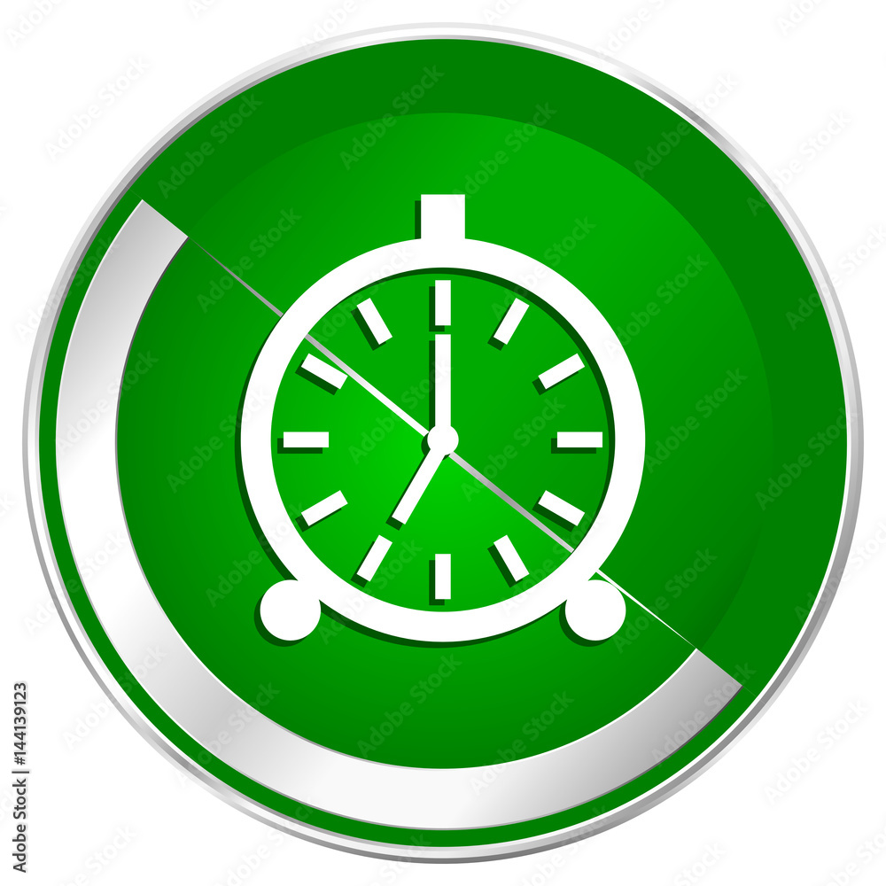 Poster alarm silver metallic border green web icon for mobile apps and internet.