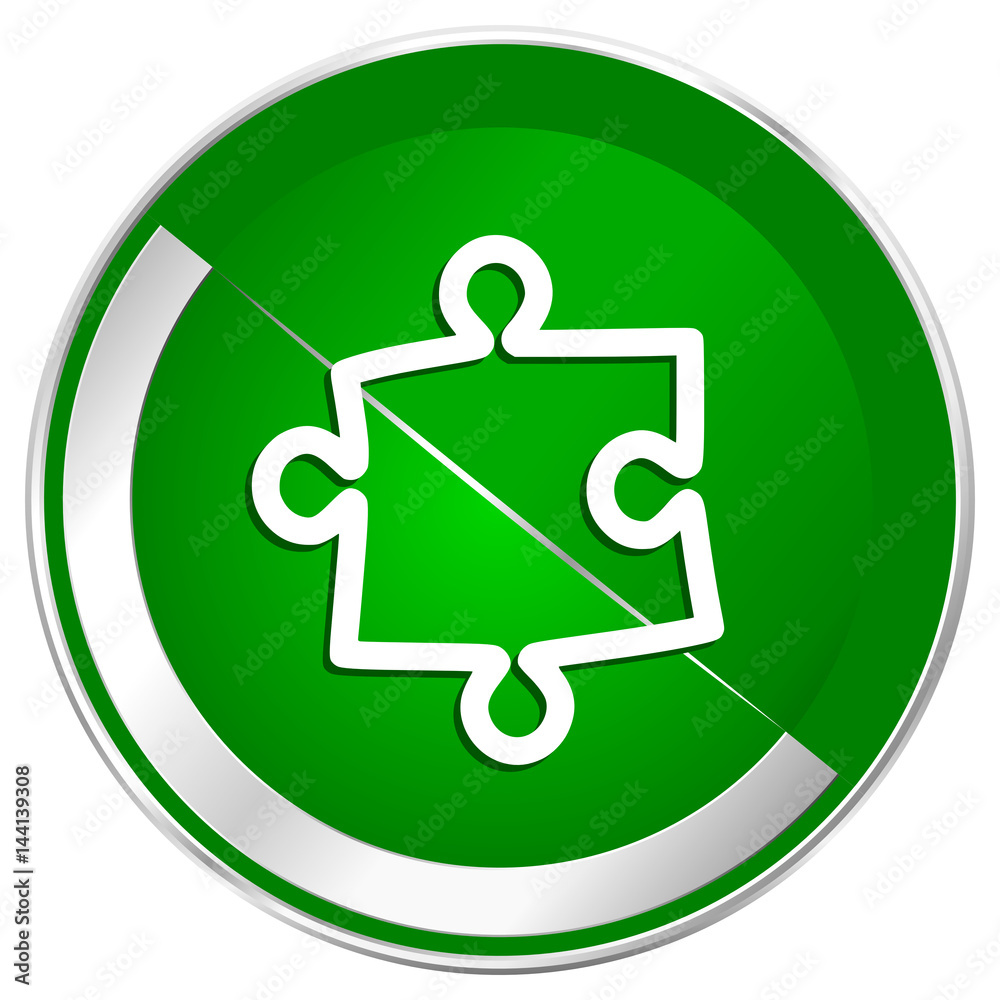 Poster puzzle silver metallic border green web icon for mobile apps and internet.