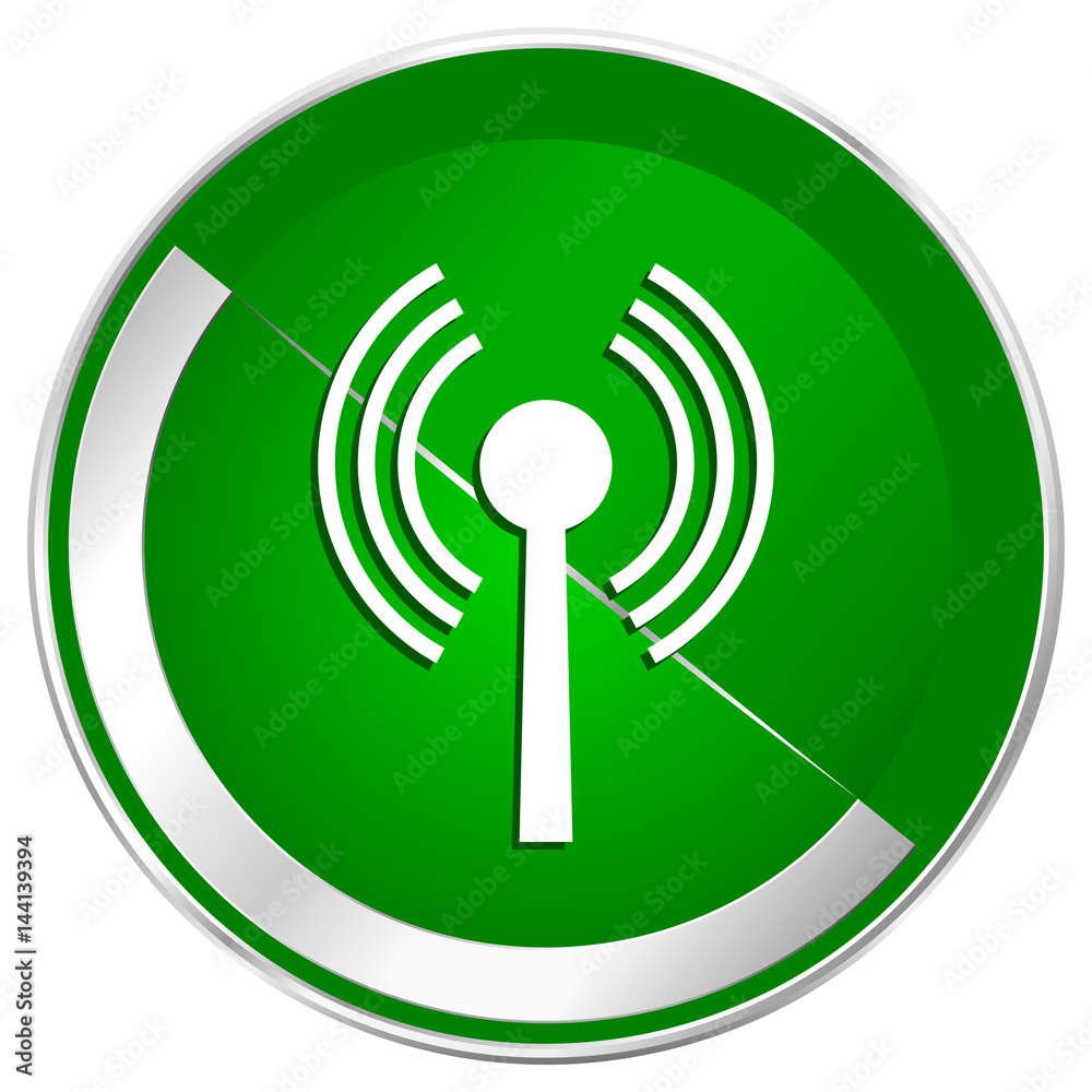 Poster wifi silver metallic border green web icon for mobile apps and internet.