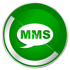 Mms silver metallic border green web icon for mobile apps and internet.