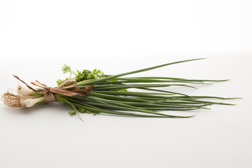 Fresh coriander and Spring onion white background, Still life of Asian.