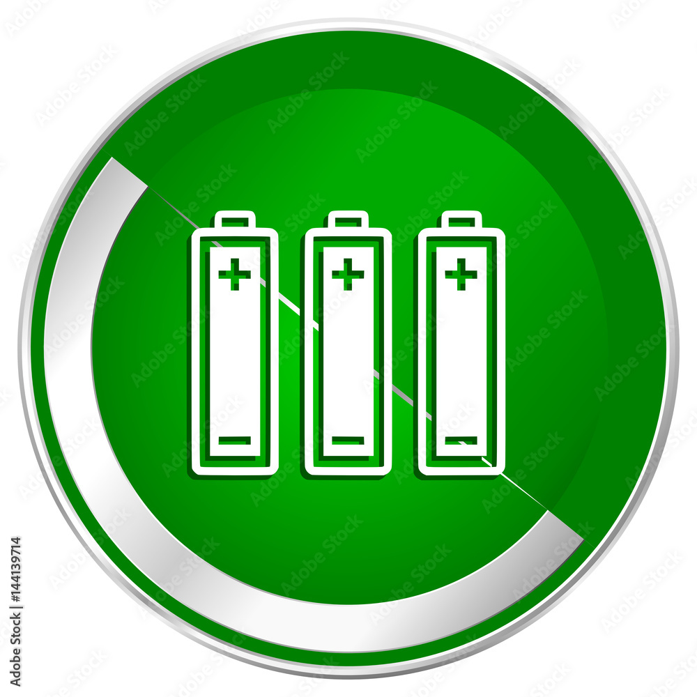 Poster battery silver metallic border green web icon for mobile apps and internet.