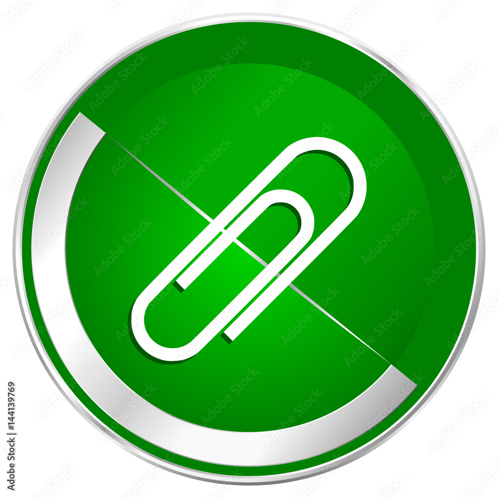 Poster paperclip silver metallic border green web icon for mobile apps and internet.