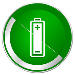 Battery silver metallic border green web icon for mobile apps and internet.