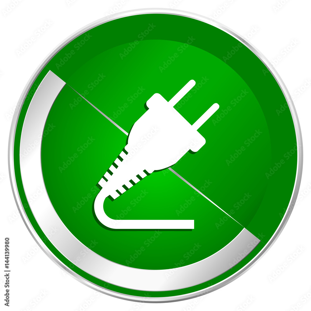 Poster plug silver metallic border green web icon for mobile apps and internet.