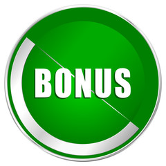 Bonus silver metallic border green web icon for mobile apps and internet.