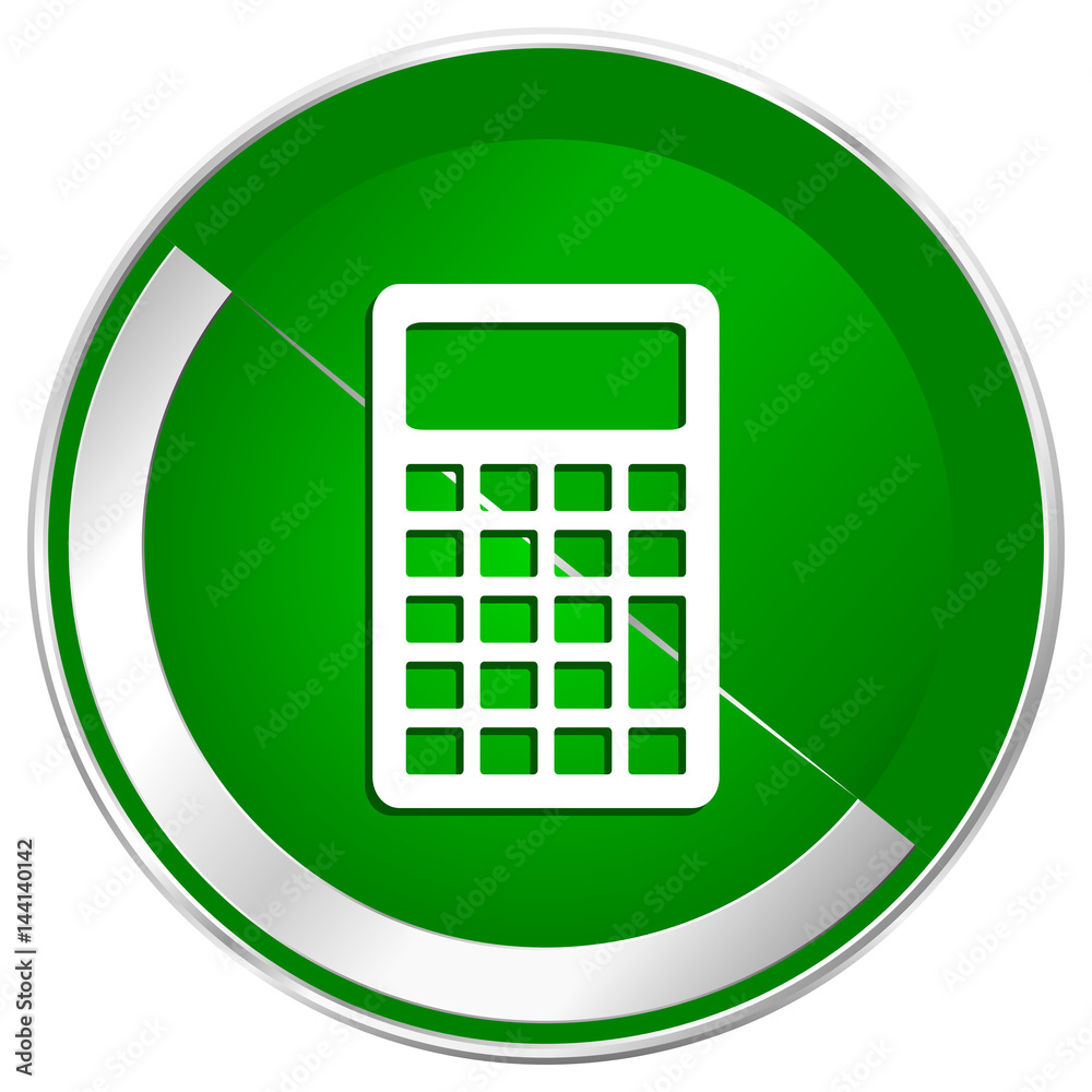 Poster calculator silver metallic border green web icon for mobile apps and internet.