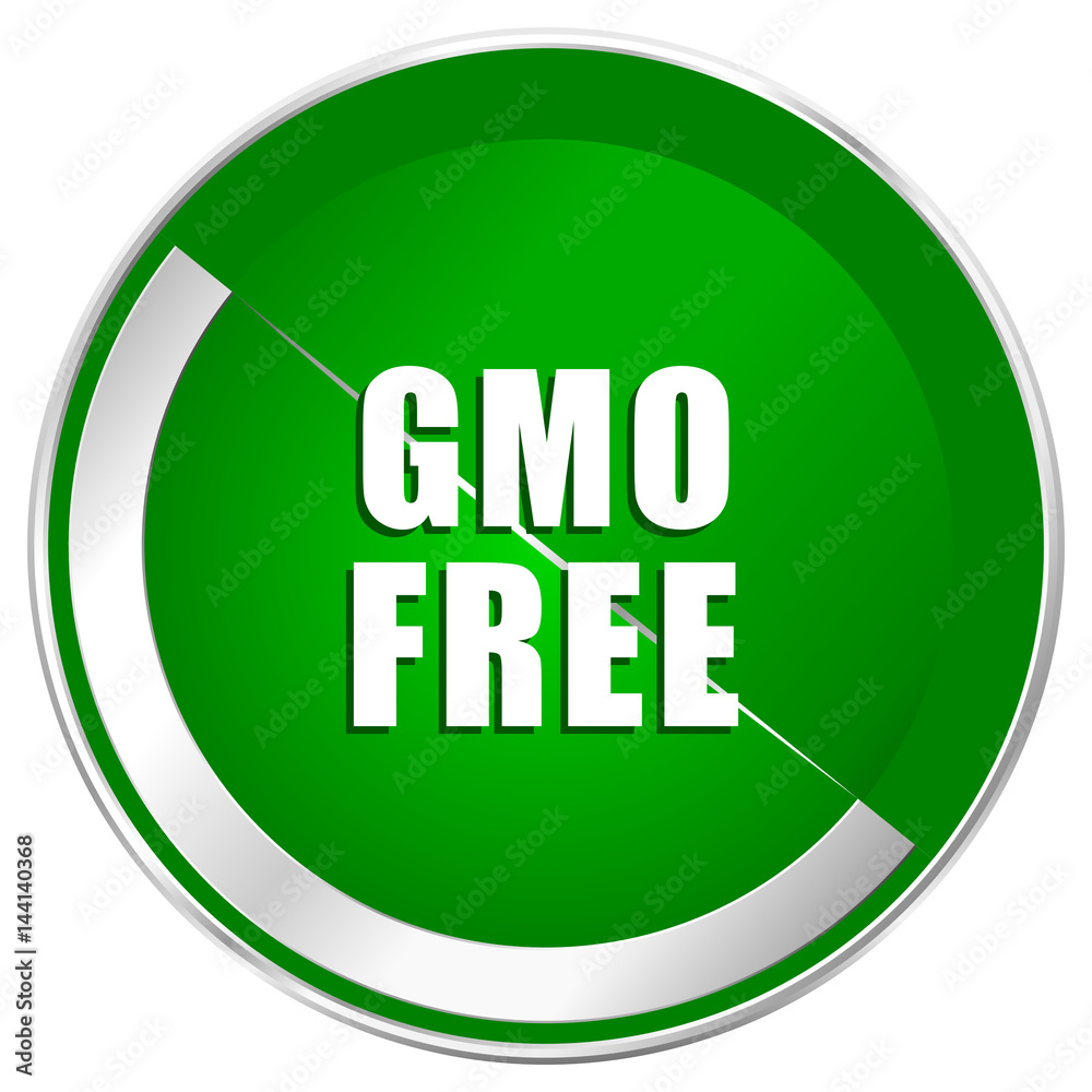 Poster gmo free silver metallic border green web icon for mobile apps and internet.