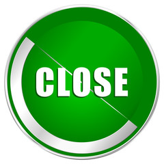 Close silver metallic border green web icon for mobile apps and internet.