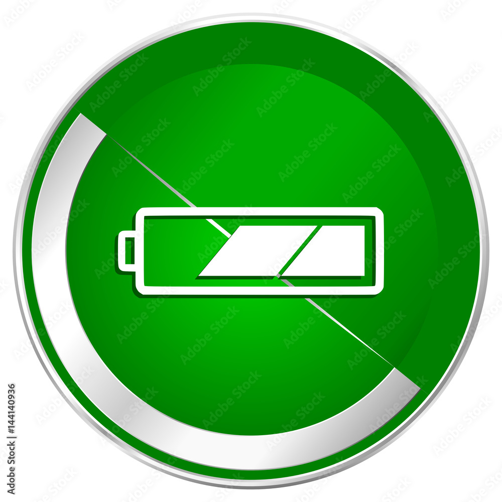 Poster battery silver metallic border green web icon for mobile apps and internet.