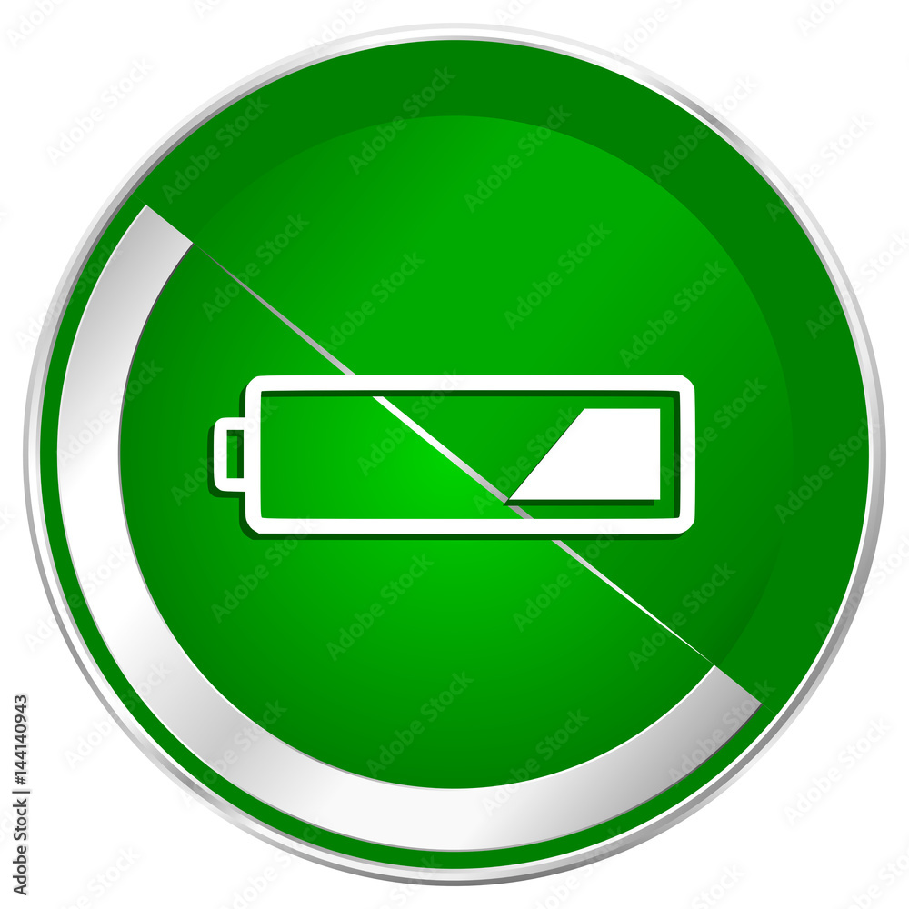 Poster battery silver metallic border green web icon for mobile apps and internet.