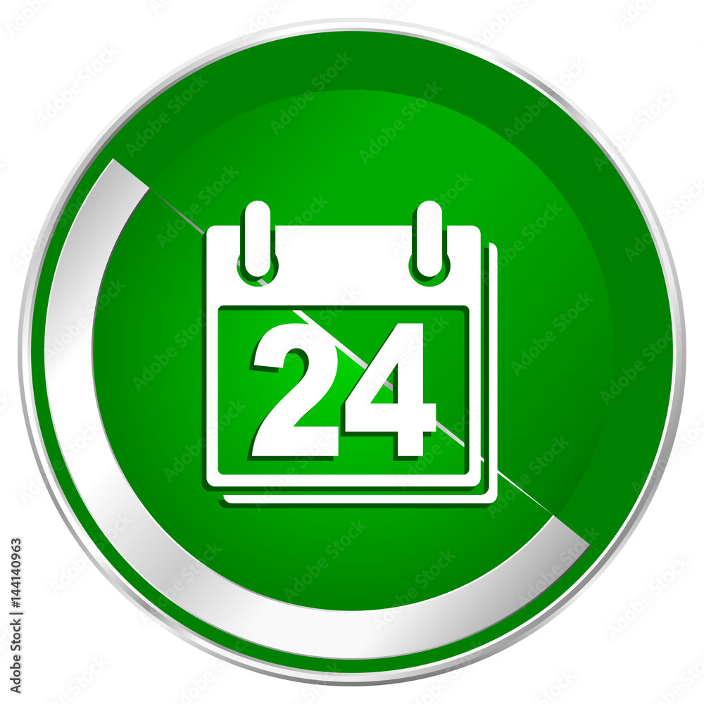 Poster calendar silver metallic border green web icon for mobile apps and internet.