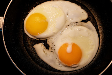Fried egg on black frying pan