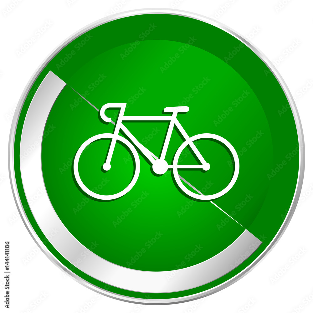 Poster bicycle silver metallic border green web icon for mobile apps and internet.