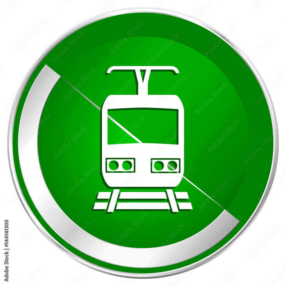 Poster train silver metallic border green web icon for mobile apps and internet.