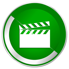 Video silver metallic border green web icon for mobile apps and internet.