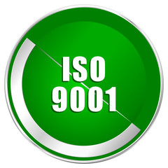 Iso 9001 silver metallic border green web icon for mobile apps and internet.