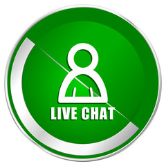 Live chat silver metallic border green web icon for mobile apps and internet.