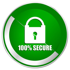 Secure silver metallic border green web icon for mobile apps and internet.