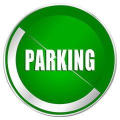 Parking silver metallic border green web icon for mobile apps and internet.