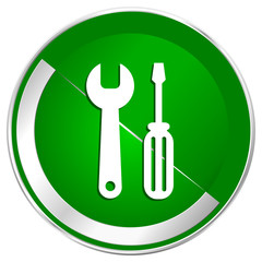 Tool silver metallic border green web icon for mobile apps and internet.