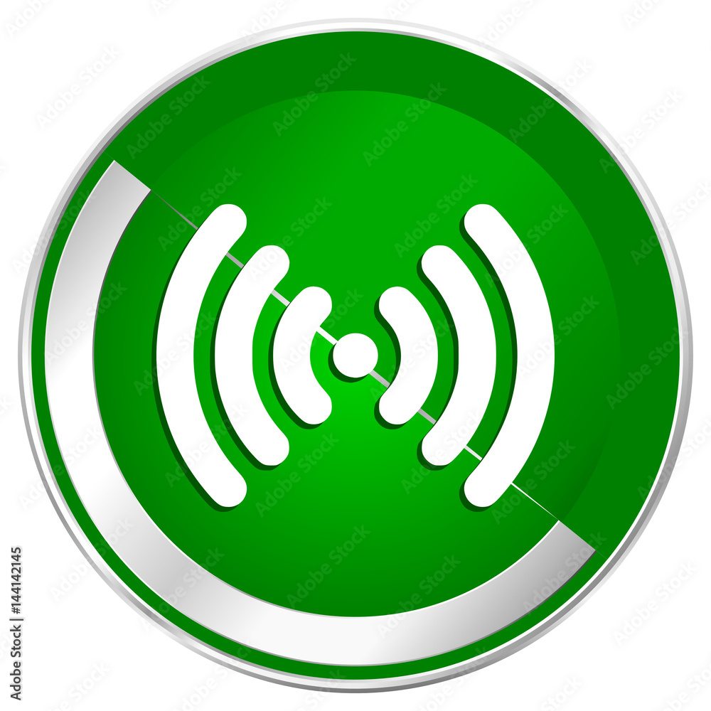 Poster wifi silver metallic border green web icon for mobile apps and internet.