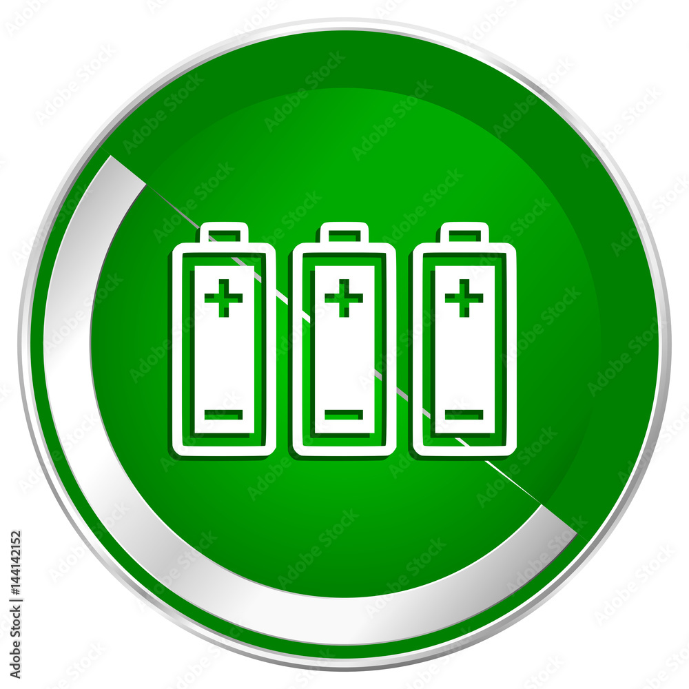 Poster battery silver metallic border green web icon for mobile apps and internet.