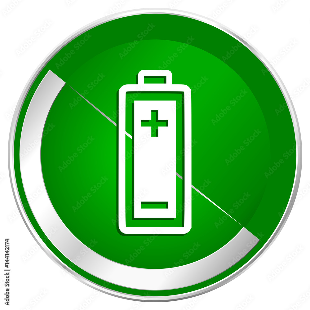 Poster battery silver metallic border green web icon for mobile apps and internet.