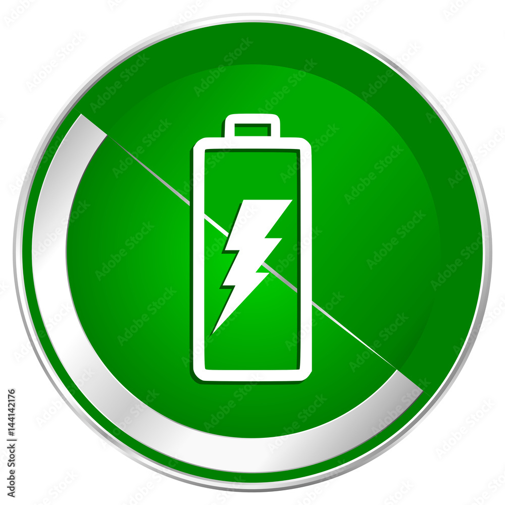 Poster battery silver metallic border green web icon for mobile apps and internet.
