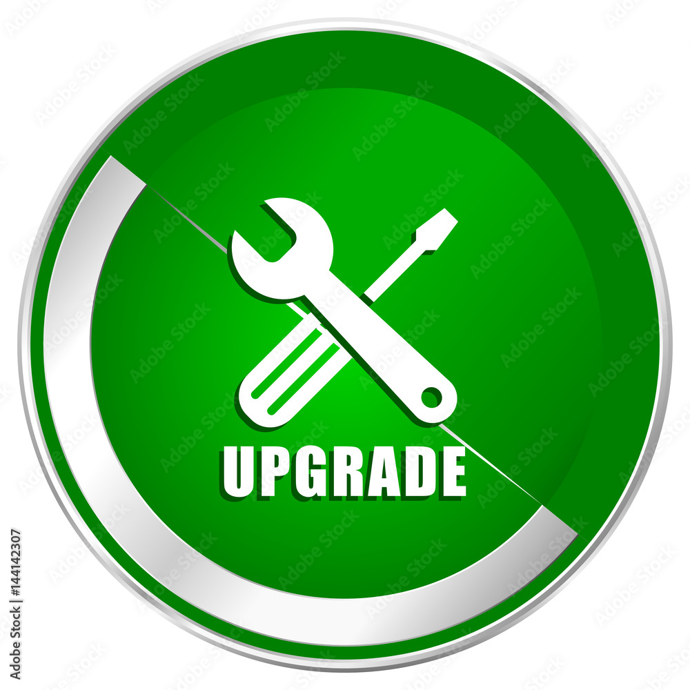 Poster upgrade silver metallic border green web icon for mobile apps and internet.