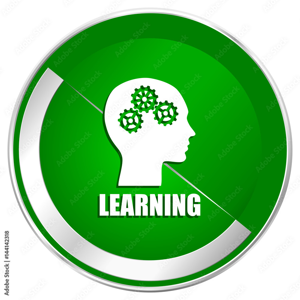 Poster learning silver metallic border green web icon for mobile apps and internet.