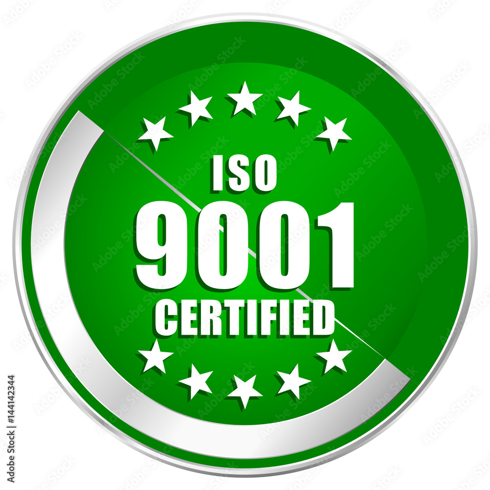 Poster iso 9001 silver metallic border green web icon for mobile apps and internet.