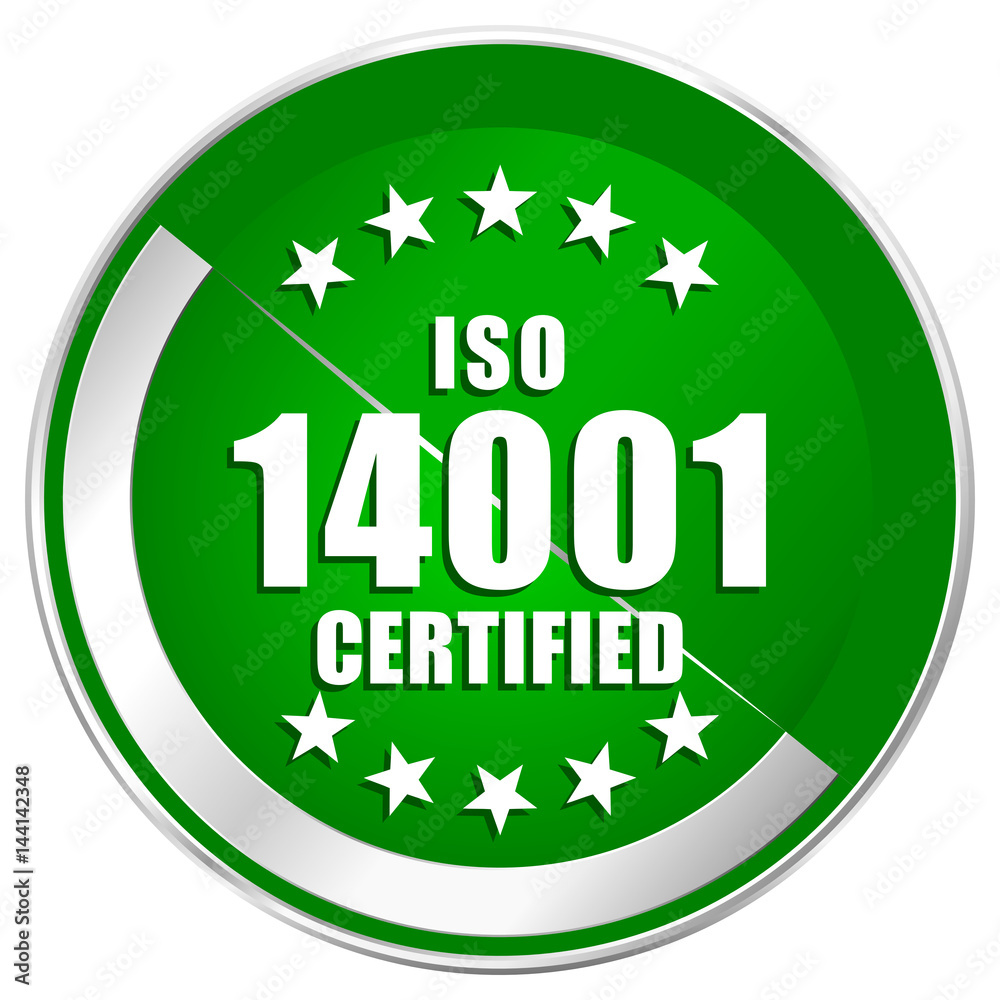 Poster iso 14001 silver metallic border green web icon for mobile apps and internet.