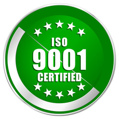 Iso 9001 silver metallic border green web icon for mobile apps and internet.