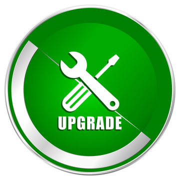 Upgrade silver metallic border green web icon for mobile apps and internet.