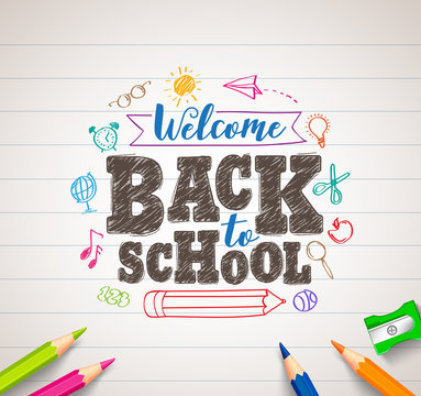 Back to school vector drawing in white paper with colorful crayons, coloring pens and elements. Vector illustration banner.

