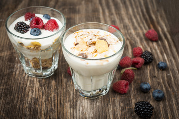Healthy breakfast with Fresh greek yogurt, muesli and berries