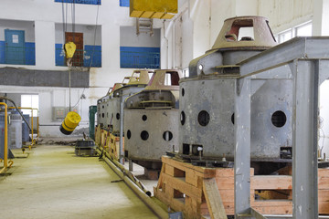 Engines of water pumps at a water pumping station. Pumping irrig