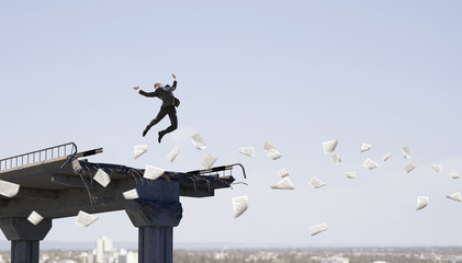 Business concept of businessman overcome the problems . Mixed media