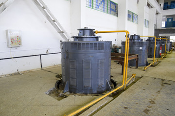 Engines of water pumps at a water pumping station. Pumping irrig