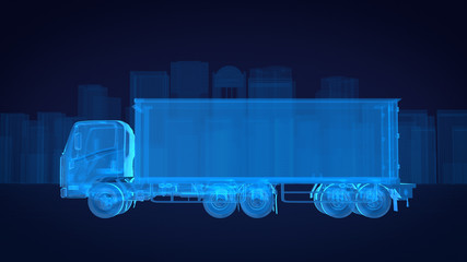 Truck x ray blue transparent with city background.3D rendering