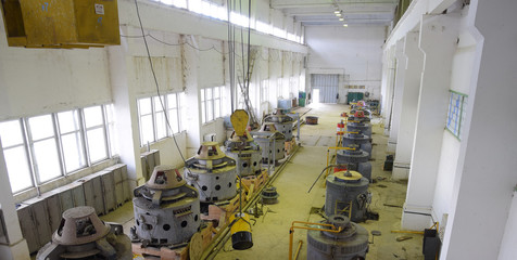 Engines of water pumps at a water pumping station. Pumping irrig