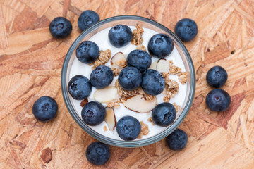 Yogurt with granola and organic blueberries in glass bow.