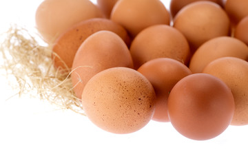 Isolate Close up Hen Eggs Lay on Straw