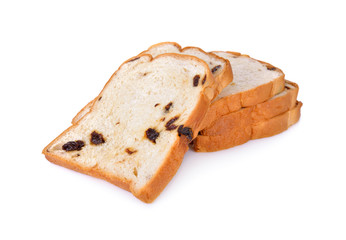 sliced bread with raisin on white background