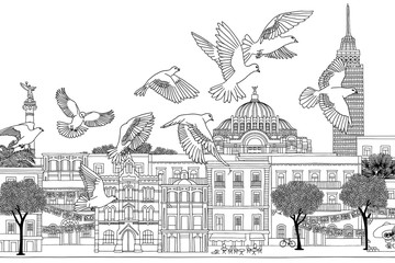 Birds over Mexico - hand drawn black and white illustration of the city with a flock of pigeons or doves