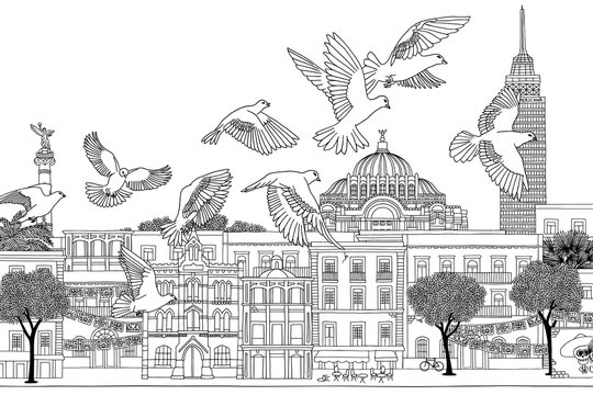 Birds over Mexico - hand drawn black and white illustration of the city with a flock of pigeons or doves